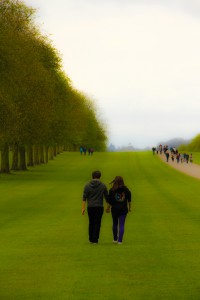 A Couple Walking Across the Lawn