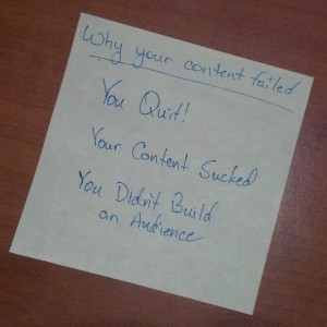 Why Your Content Failed. Handwritten list of reasons